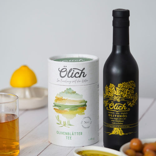 Ölich 1785 Duo: Olivenblatt Tee und Olivenöl 250 ml mit Zitrone und Oliven