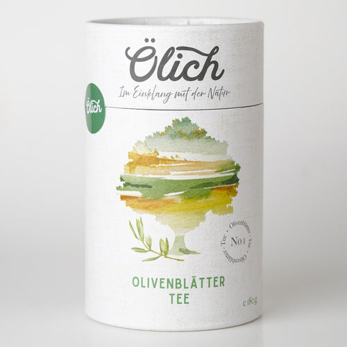 Dose Ölich Olivenblatt Tee 180 g mit Aquarell-Olivenbaum auf der Vorderseite