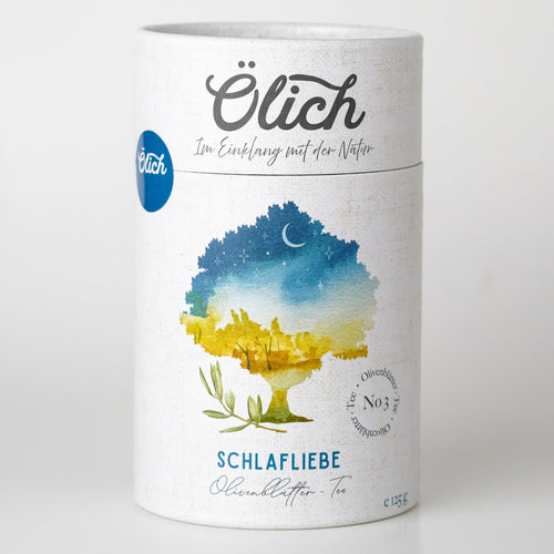 Dose Ölich Schlafliebe Olivenblatt-Tee mit blau-gelbem Baummotiv