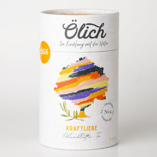 Dose Ölich Kraftliebe Olivenblatt-Tee mit buntem Baummotiv